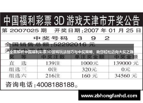 全面解析中国福利彩票3D游戏玩法技巧与中奖策略，助您轻松迈向大奖之路